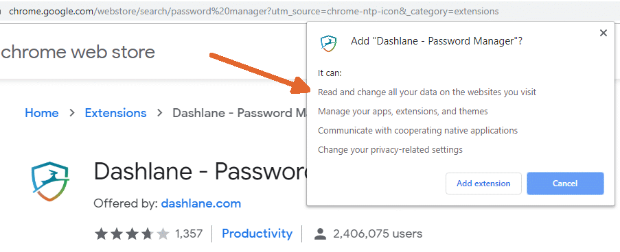 Dashlane Chrome browser extension permissions
