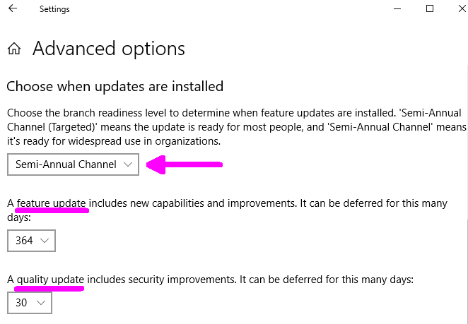 Windows Update Advanced Options for an Administrator class user