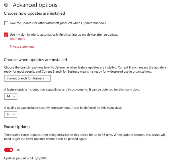 Configuring the Windows 10 patch installation rules
