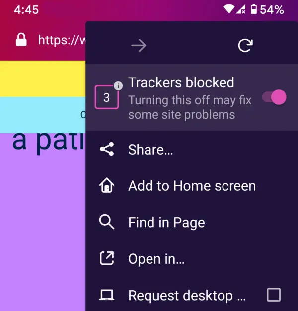 Firefox Focus on Android suggests disabling blocking