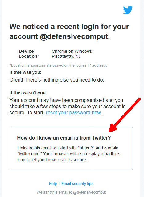 An email message from Twitter