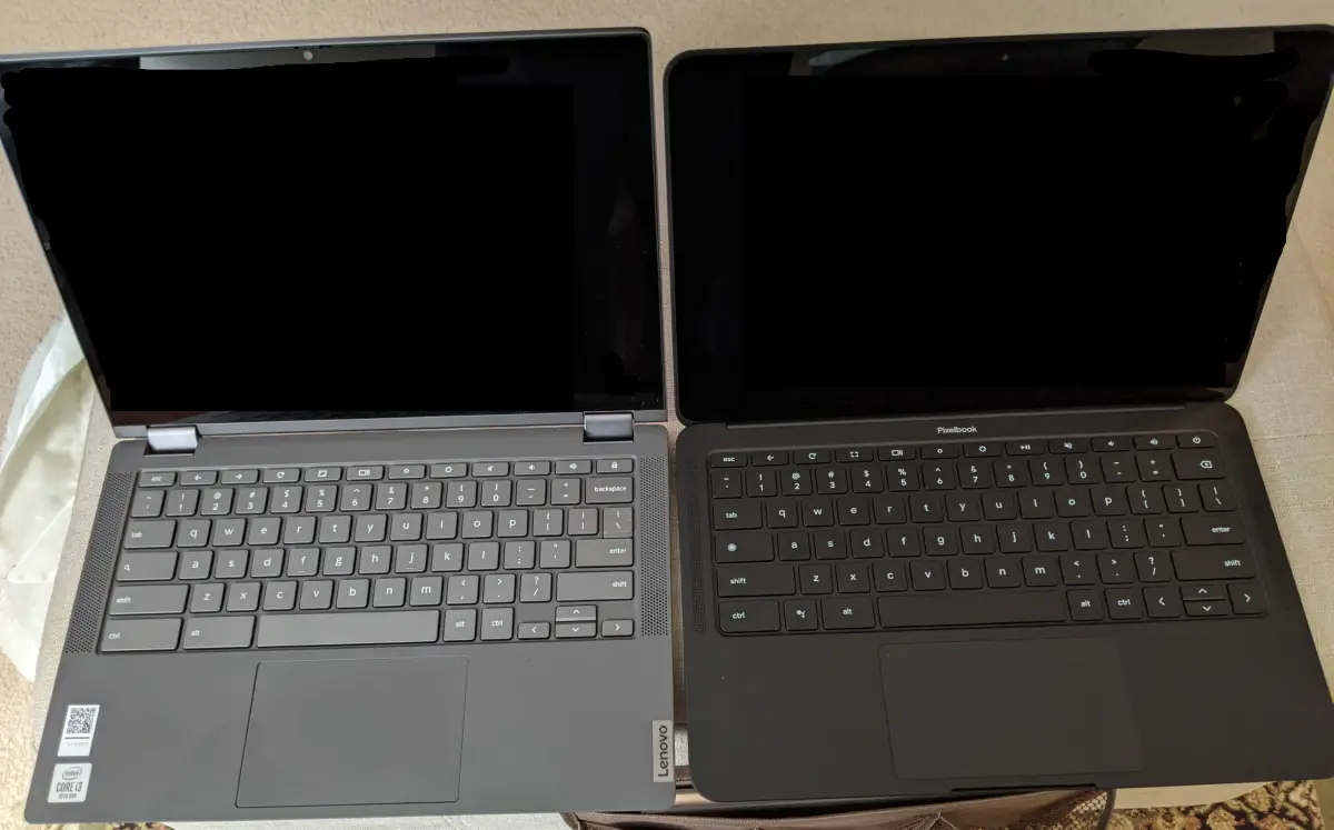 Lenovo Flex 5 Chromebook on left, Google Pixelbook Go on right