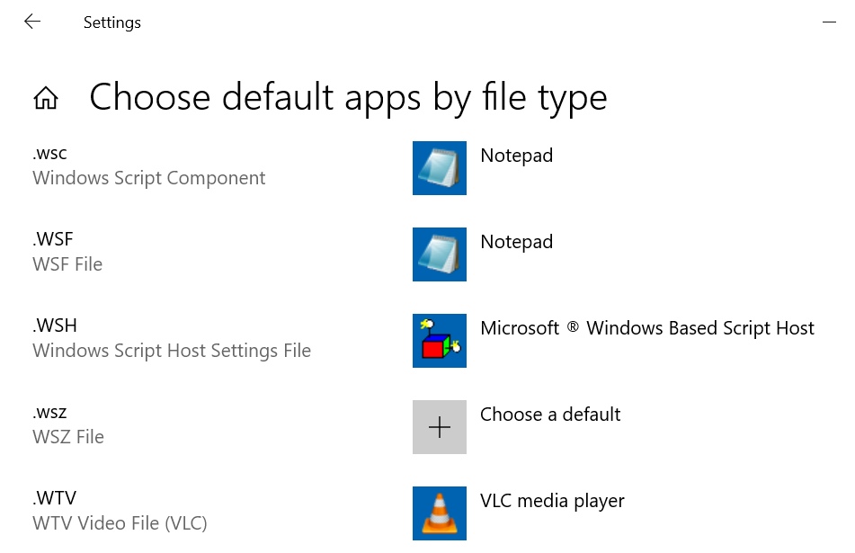 Windows 10 Default apps by file type